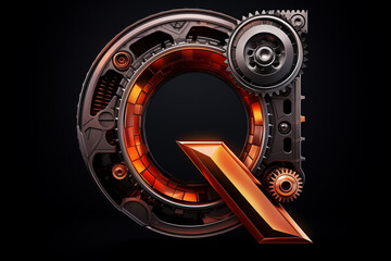 Shiny metal alphabet with gears and rivets isolated on black background, capital letter Q, metallic 3D steampunk font design, creative retro abc for poster, wallpaper, movie. Generative AI.