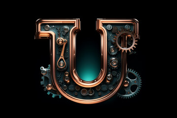 Shiny metal alphabet with gears and rivets isolated on black background, capital letter U, metallic 3D steampunk font design, creative retro abc for poster, wallpaper, movie. Generative AI. - obrazy, fototapety, plakaty