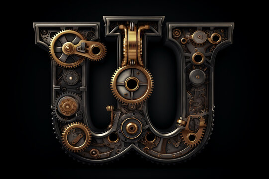 Shiny metal alphabet with gears and rivets isolated on black background, capital letter W, metallic 3D steampunk font design, creative retro abc for poster, wallpaper, movie. Generative AI.