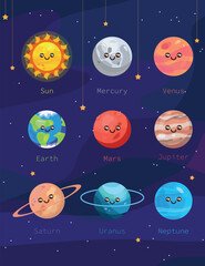 Background with moon and stars. Solar system. Galaxy, vector illustration of solar system. Space. Earth