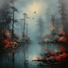 Foggy painting depicts lake, trees, birds, and water. (Generative AI)