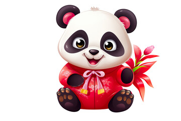 cute Chinese new year panda smiling, white isolated background PNG