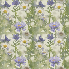 seamless original watercolor background with flowers and leaves