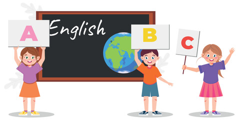 Back to school. School children with school board. English lesson, school time. Vector illustration