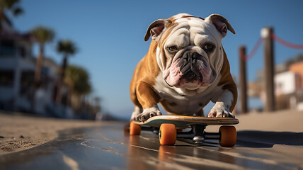 bulldog dog on the skateboard
