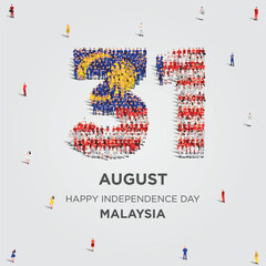 Happy Independence Day Malaysia. A large group of people form to create the number 31 as Malaysia celebrates its Independence Day on the 31st of August. Vector illustration.