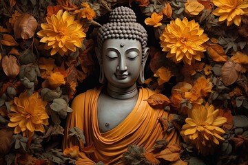 A Buddha statue surrounded by yellow flowers.Generative Ai