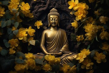 A Buddha statue surrounded by yellow flowers.Generative Ai