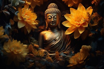 A Buddha statue surrounded by yellow flowers.Generative Ai - obrazy, fototapety, plakaty
