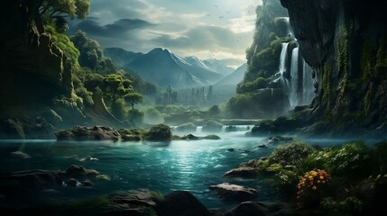Tranquil lake or majestic waterfall view, serene