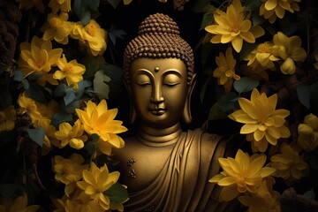 A Buddha statue surrounded by yellow flowers.Generative Ai