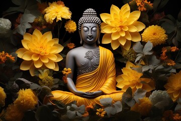 A Buddha statue surrounded by yellow flowers.Generative Ai - obrazy, fototapety, plakaty