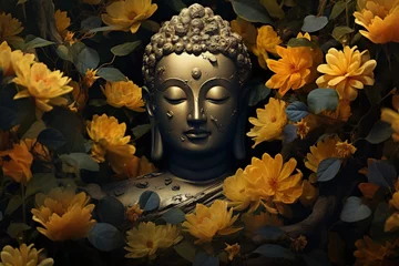 Tuinposter A Buddha statue surrounded by yellow flowers.Generative Ai © Rudsaphon