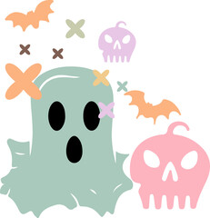 Retro Halloween Doodle Cute Ghost, Colorful Pumpkin, and Fun Speckles Bring Festive Whimsy