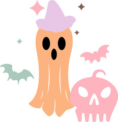 Retro Halloween Doodle Cute Ghost, Colorful Pumpkin, and Fun Speckles Bring Festive Whimsy