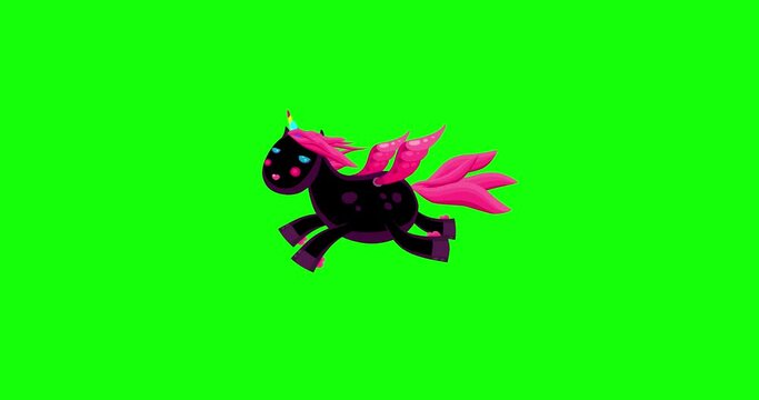 Cartoon isolated black unicorn flying character green screen. Sweet fantastic pet animal. Good for any movie, presentation, etc... Funny sweet and cute children animation seamless loop.