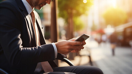 Fototapeta premium Male businessman holding phone in hands new quality universal colorful technology stock illustration image design, generative ai
