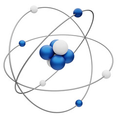 3D illustration model of an atom with nucleus, electrons, protons and neutrons orbiting in a circular path, isolated on white or transparent background
