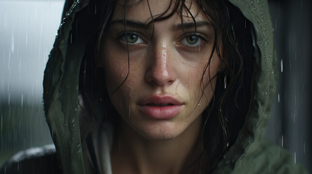 Portrait of Woman Wearing Raincoat Extreme Close up Face Wet