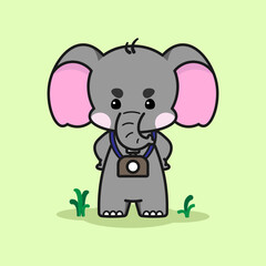 Cute elephant with camera is feeling angry. Cute elephant cartoon illustration isolated in green background. Vector illustration. Fit for mascot, children's book, icon, t-shirt design, etc.