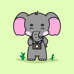 Cute elephant with camera is feeling good. Cute elephant cartoon illustration isolated in green background. Vector illustration. Fit for mascot, children's book, icon, t-shirt design, etc.
