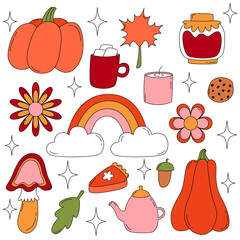 Set cozy autumn elements. Pumpkins, flowers, mushroom, rainbow, pumpkin pie, cocoa mug, cookies, leaf, teapot, jam and candle.