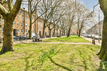 an empty street in the middle of a residential area, with trees and parked cars on both sides there is a bright blue sky