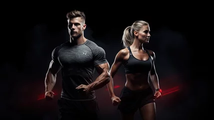 Wandcirkels tuinposter Athletic man and woman on black background wearing in the sportswear, fitness and sport motivation.  © Savinus