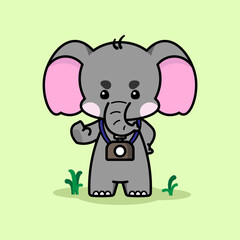 Cute elephant with a camera is feeling angry and giving a stop sign. Cute elephant cartoon illustration isolated in green background. . Fit for mascot, children's book, icon, t-shirt design, etc.
