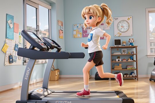 Cute little girl running on a treadmill in a gym. 3d rendering