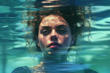 Naklejka premium A dreamy portrait captures a woman submerged inside a pool, creating an ethereal and serene atmosphere. Generative Ai, Ai.