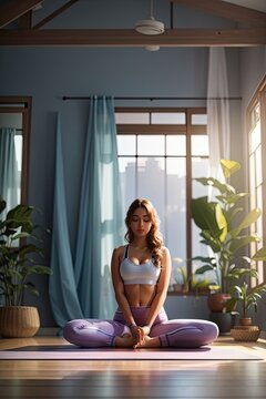 Young woman practicing yoga at home, sitting in lotus pose.