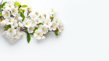 Banner with flowers on white background. Border, card. Postcard with copy space. Generative AI