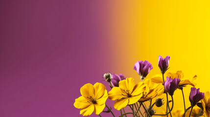 Banner with flowers on yellow and purple gradiednt background. Border, card. Postcard with copy space. Generative AI
