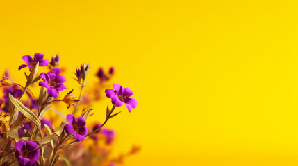 Banner with purple flowers on yellow background. Border, card. Postcard with copy space. Generative AI