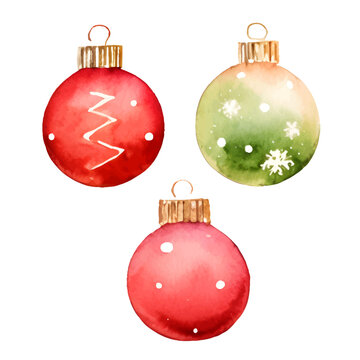 Vector red and green balls set on white background. Watercolor Christmas tree decorations