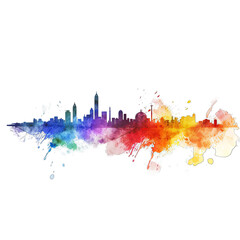 A vibrant city skyline with artistic watercolor splashes