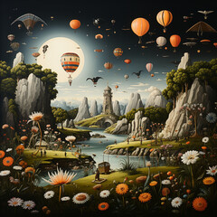 Mystical Nighttime Landscape Illustration: Mountains, River, Flowers, Air Balloons, Kites, Full Moon