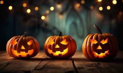 A spooky with a haunted evil glowing eyes of Jack O' Lanterns, scary halloween night