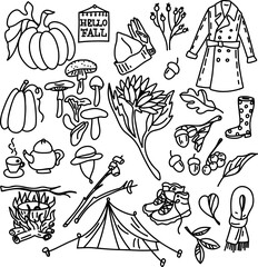 Autumn doodles. Hand drawn set of sketches: rubber boots, cup of tea, mushrooms, leaves, flowers etc. Isolated objects on white background.