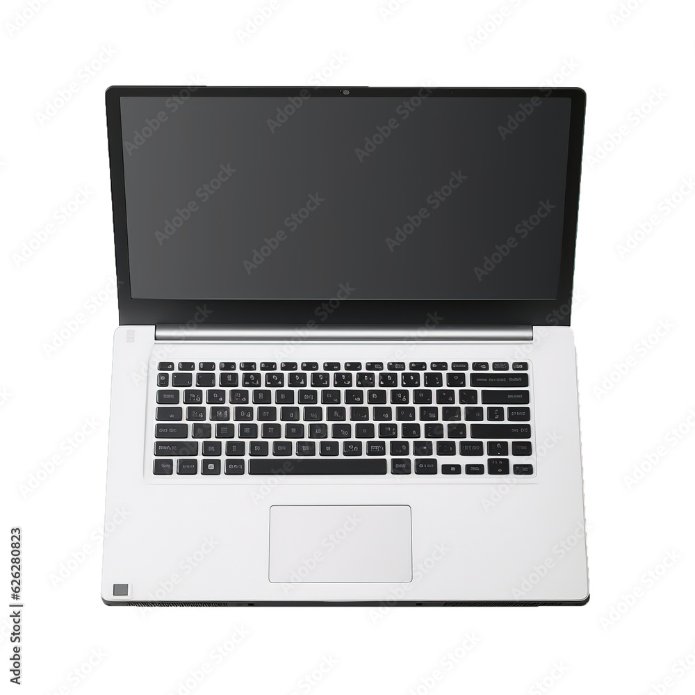 Aufkleber Laptop computer with white screen and angled keyboard, front and back view.