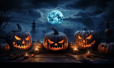 Halloween pumpkin in forest with a haunted evil glowing eyes of Jack O' Lanterns, scary halloween night