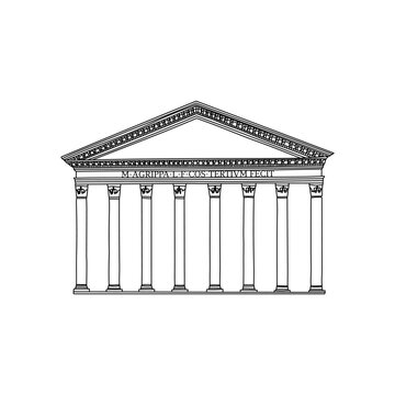 recommend clip art: Hand drawn line drawing of the Pantheon on a white background. Italy, Rome. Frontal view of a famous Italian landmark. Line icon. Symbol of tourism. Stock vector illustration.