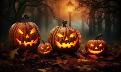 Fototapeta premium Scary halloween pumpkinin in forest in a halloween night