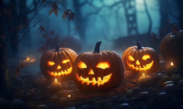 Scary halloween pumpkinin in forest in a halloween night