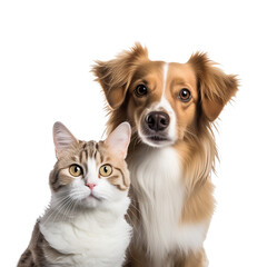 Portrait of a dog and a cat looking at the camera on a white background