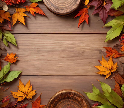 Background with wooden table and autumn leaves around the edges. AI