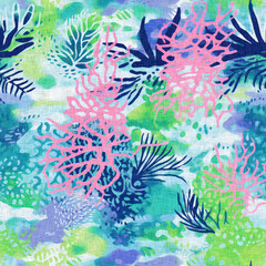 Obraz na płótnie Canvas Tropical modern coastal pattern clash fabric coral reef print for summer beach textile designs with a linen cotton effect. Seamless trendy underwater kelp and seaweed repeat background