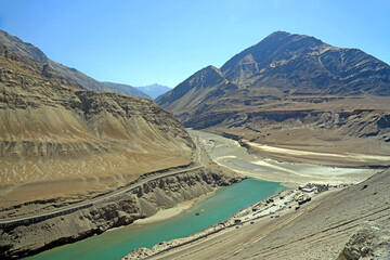 Two rivers are confluence at Zanskar Rivers, Leh, India