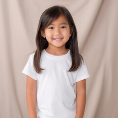 Little pretty girl smiling model posing at camera in bright studio. Generative AI